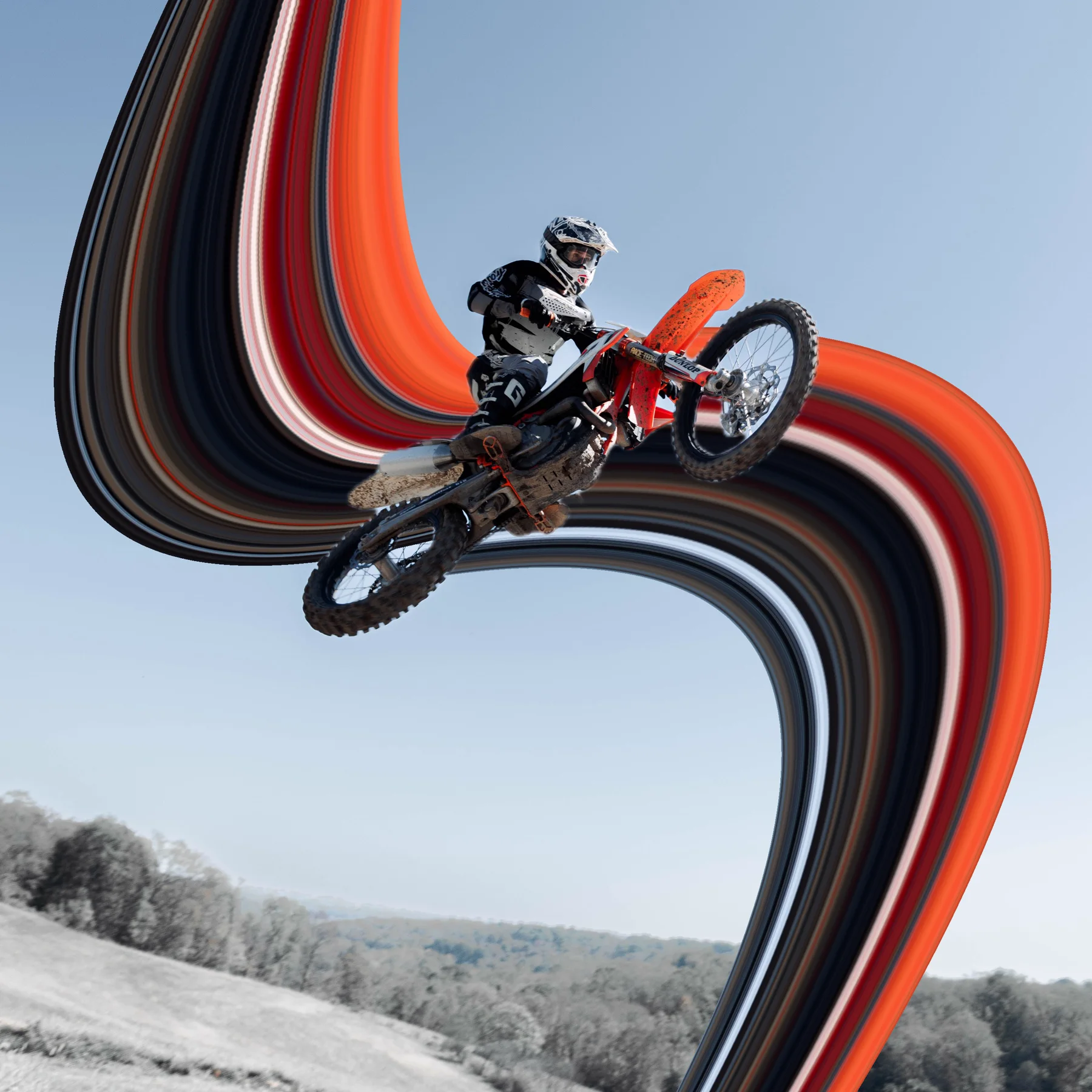 Motorcycle rider framed by a curved orange and black pixel stretch